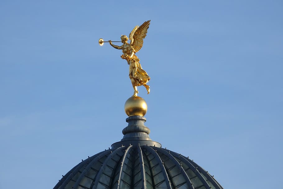 dresden, academy of fine arts, golden, dome building, trumpet, angel, saxony, historically, architecture, sculpture