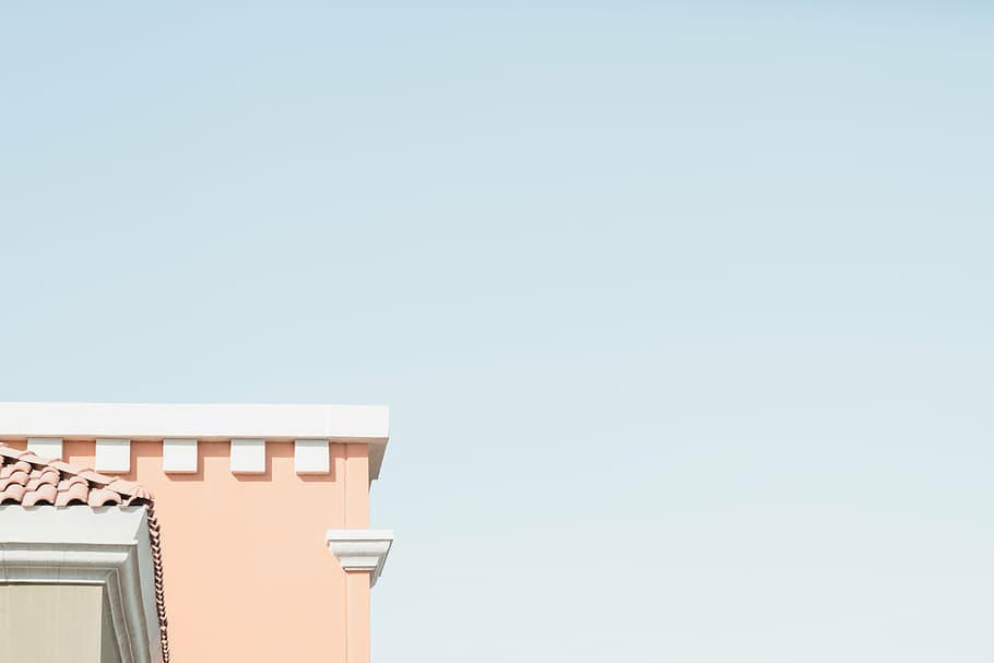 pink, white, concrete, building, sky, architecture, infrastructure, roof, blue, copy space