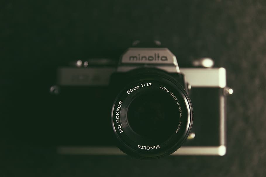 black, gray, minolta film camera, surface, analog, antique, aperture, background, body, camera