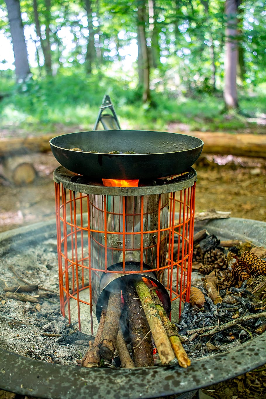 camping, fire, campfire, pan, sausage, stove, heat - temperature, burning, focus on foreground, day