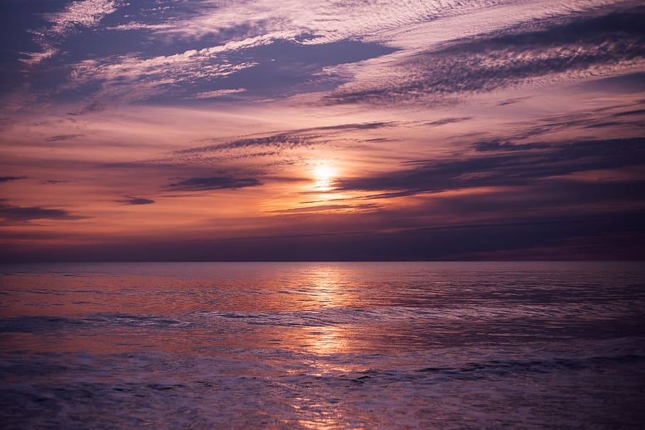 nature, water, ocean, sea, reflection, sky, clouds, horizon, sunset, sunrise