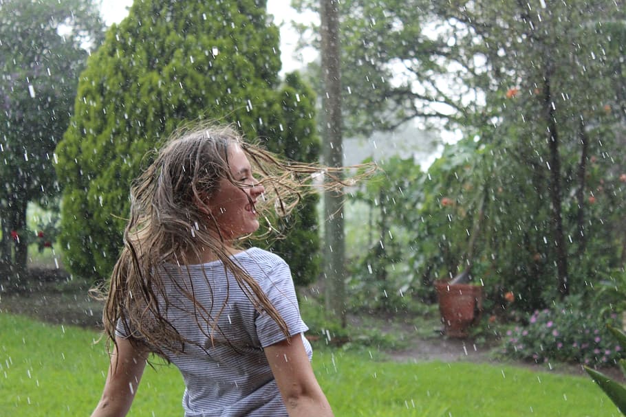 woman dancing, rain, women, drops, plants, drizzle, nature, wild, girl, field