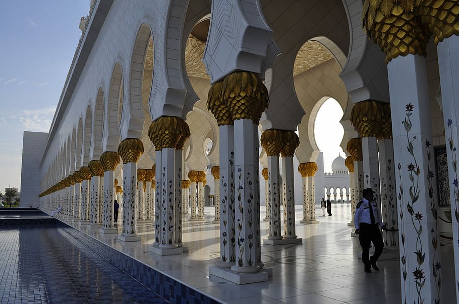 Abu Dhabi, Grande Mesquita, Sol, arquitetura, islã, muçulmano, zayed, arco, coluna arquitetônica, corredor