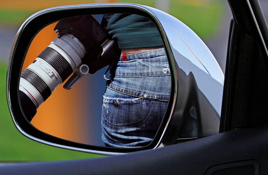 mirror, auto, review, woman, camera, jeans, po, composing, photomontage, side mirror