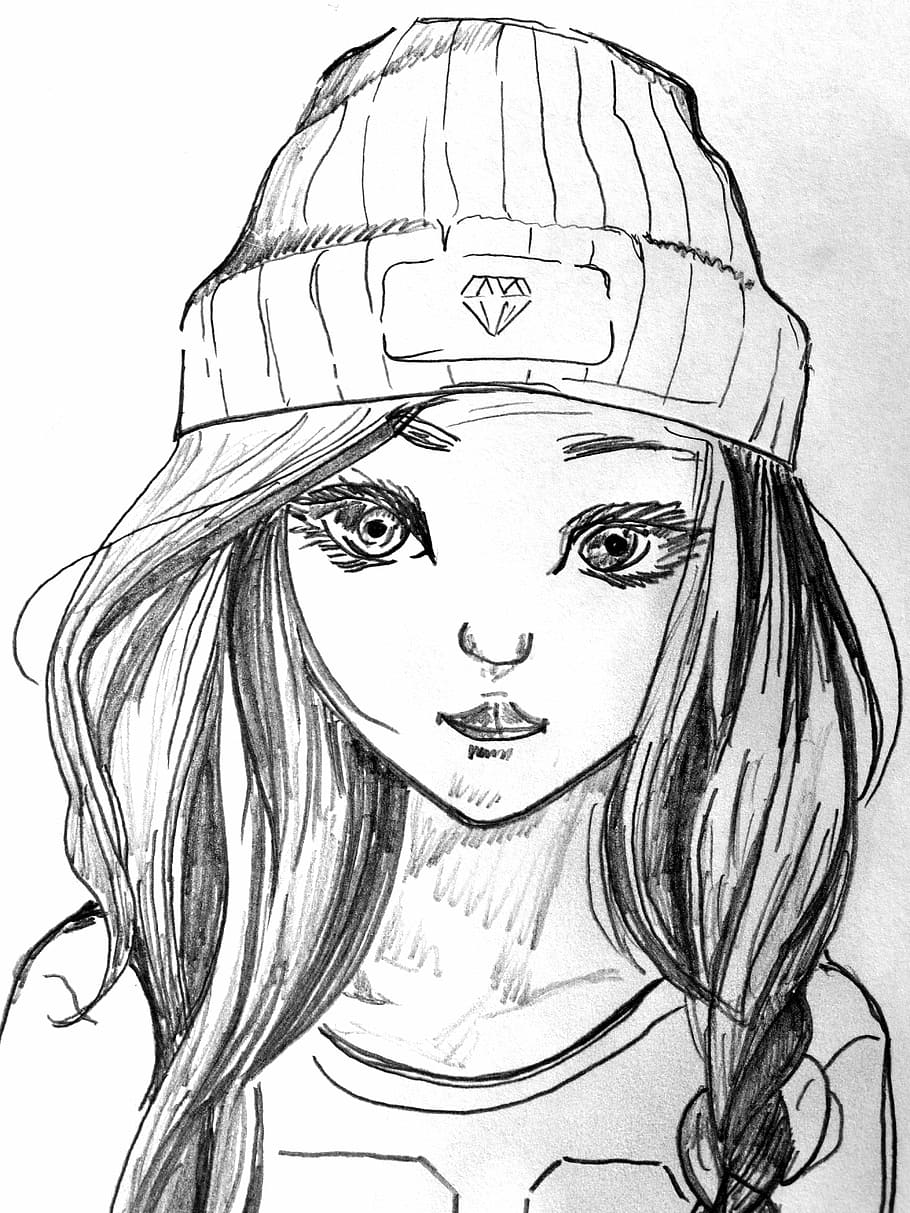sketch, woman, wearing, beanie, girl, cap, t shirt, drawing, young, long hair