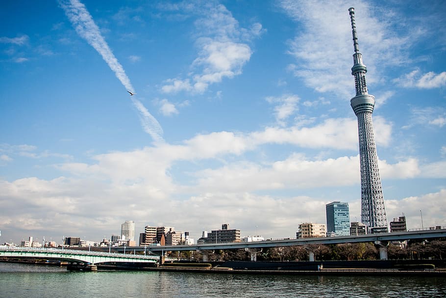 city buildings, body, water, nature of tokyo skytree, tokyo, bluesky, architecture, built structure, sky, building exterior