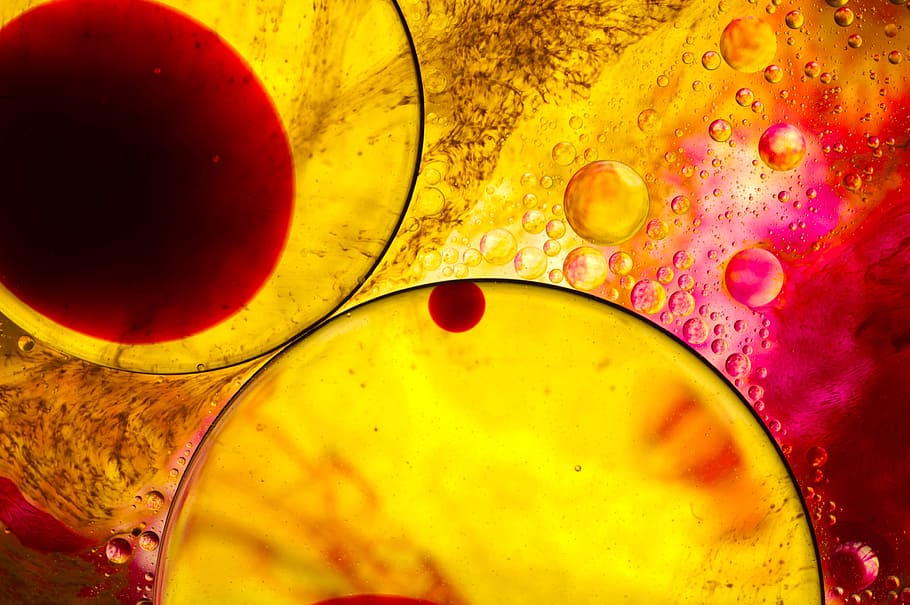 resumen, agua, aceite, macro, burbujas de agua, círculo, sobre, amarillo, rojo, experimento