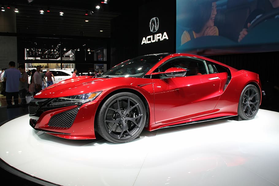 red coupe, acura, supercar, auto show, car, luxury, land Vehicle, new, modern, transportation