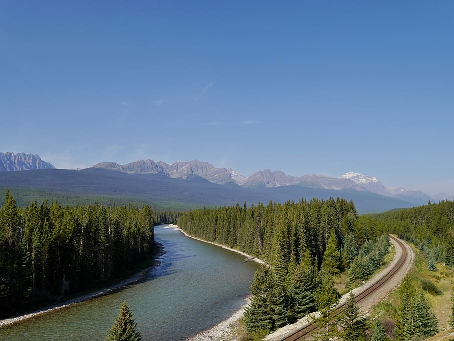 rockies, canada, bow valley, mountains, river, landscape, banff, rail track, scenics - nature, beauty in nature