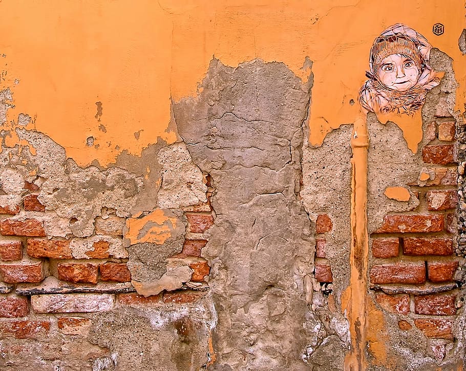 gadis, mengenakan, merah muda, atas, karya seni grafiti, oranye, dinding, seni, cat, batu