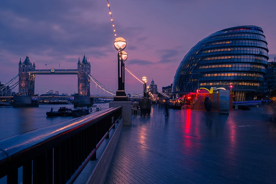 pôr do sol, Prefeitura, Tower Bridge, Londres, urbano, construção, cidade, lugar famoso, noite, arquitetura