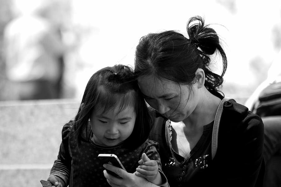 Mujer, niño, madre, hija, China, hamburgo, iphone, unión, sincero, día