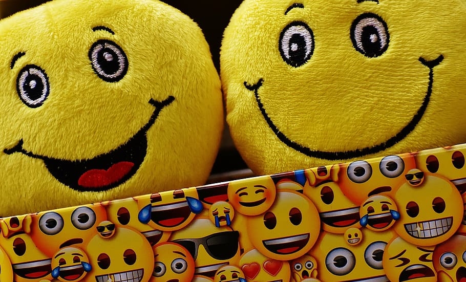 two, yellow, emoji pillows, smilies, funny, joy, emoticon, emoji, smiley, happy