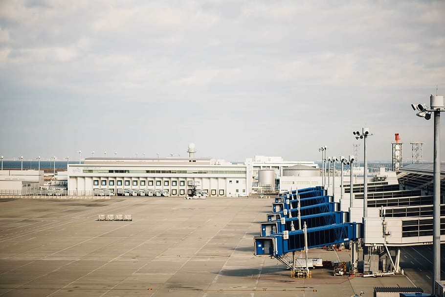 white, blue, industrial, machine, airport, airplane, runway, travel, transport, hanger