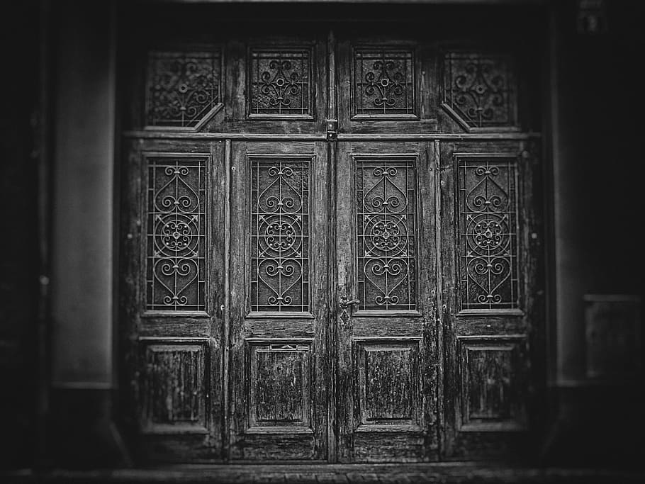 grayscale photography, wooden, doors, wallpaper, background, gate, door, the secrets of, architecture, entrance