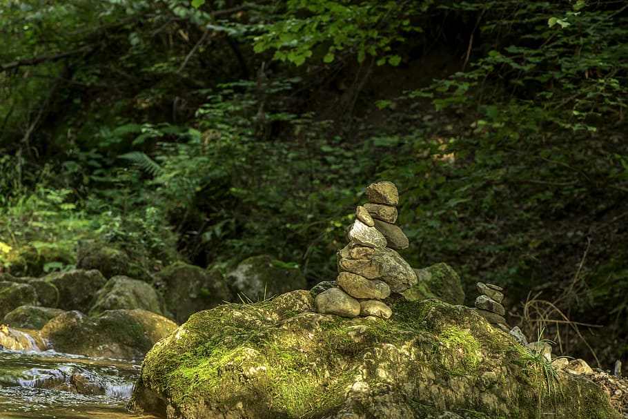 balanced, stones, boulder, waterfall bear protective gorge, austria, styria, water, spray, forest, landscape