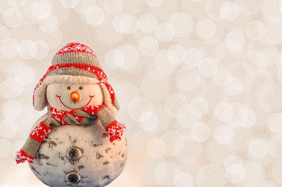 white, red, snowman, wearing, knit, hat, scarf figurine, snow man, winter, snow