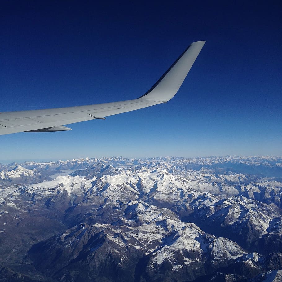 Alpes, viaje, asiento de la ventana, volar, vuelo, montañas, avión, cielo, ala, avión Ala