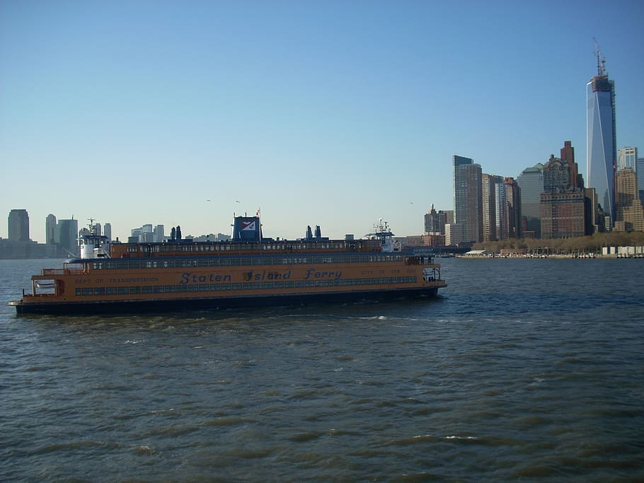 staten island ferry, ferry, new york city, water, river, new york, building exterior, sky, architecture, built structure