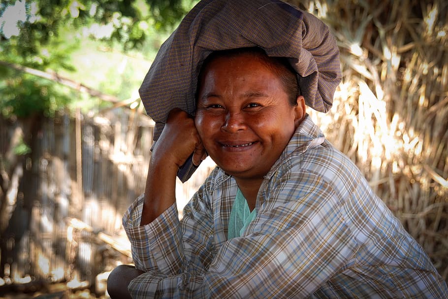 smiling, woman, brown, grey, plaid, shirt, textile, head, burma, myanmar