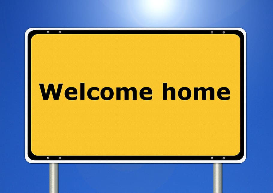 yellow, black, welcome, home signage, town sign, road sign, at home, home, communication, sign
