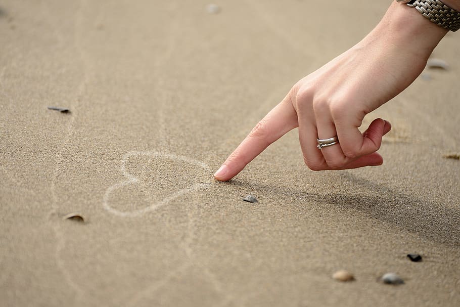 hand, finger, woman, heart, sand, beach, symbol, love, write, sand beach