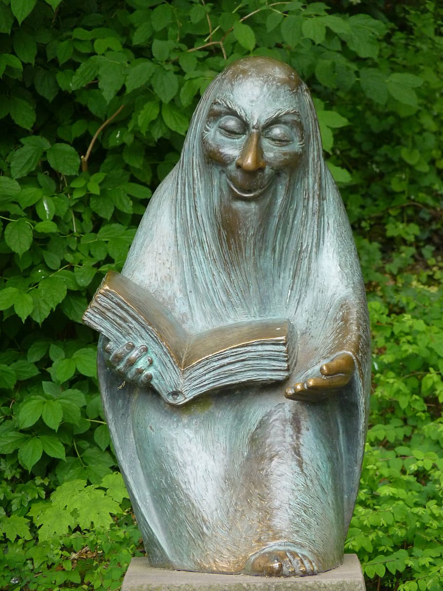 person reading book, gray, statue, storytellers, sculpture, figure, fairy tales, book, read, tell