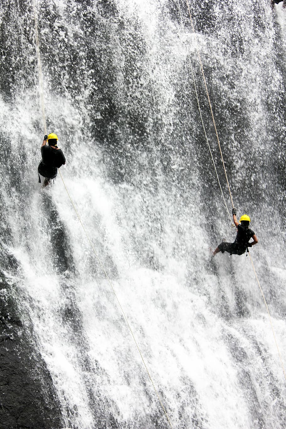 waterfall, people, two, rappelling, climbing, adventure, water, sports, rope, sport