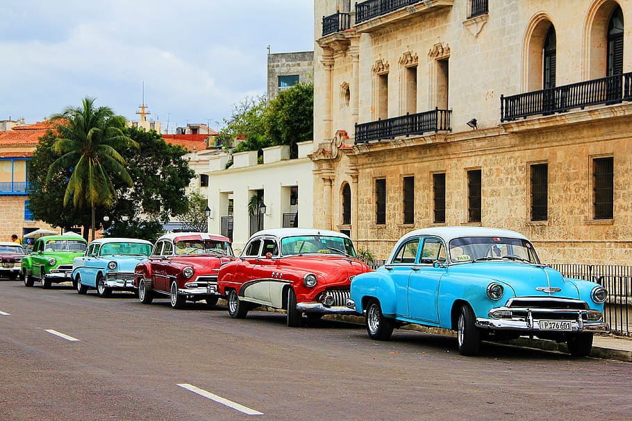 colores variados, clásicos, aparcamientos, carreteras, al lado, negro, rieles de metal, Cuba, La Habana, oldtimer