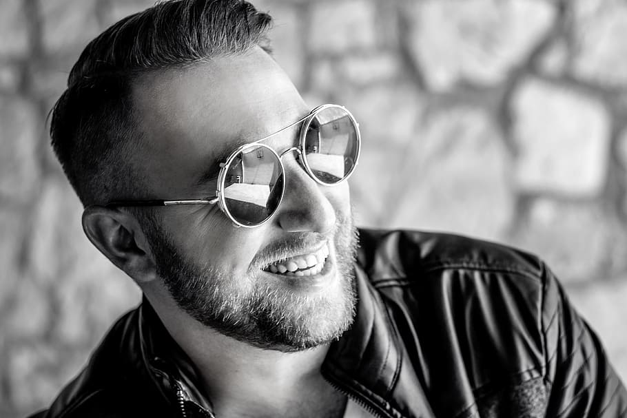 man, wearing, round sunglasses, silver-colored frame, black leather jacket, model, smile, fashion, male, happy