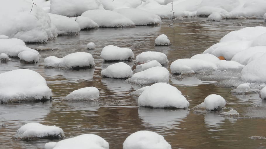 stones, rocks, rock, water, snow, ice, stream, brook, nature, youngstown