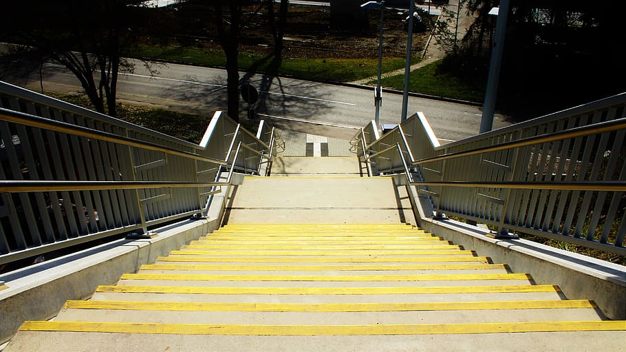 Stairs, Yellow, Road, Sidewalk, Rise, gradually, ochre colours, steps and staircases, steps, railing