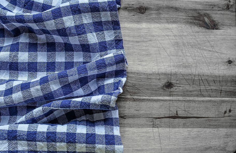 blue, white, textile, gray, wooden, surface, Tablecloth, Kitchen, Towel, Picnic, kitchen