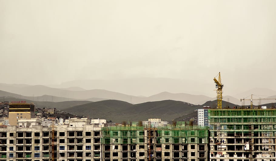 city, mountain, construction, mongolia, ulaanbaatar, haze, air pollution, pollution, crane, architecture