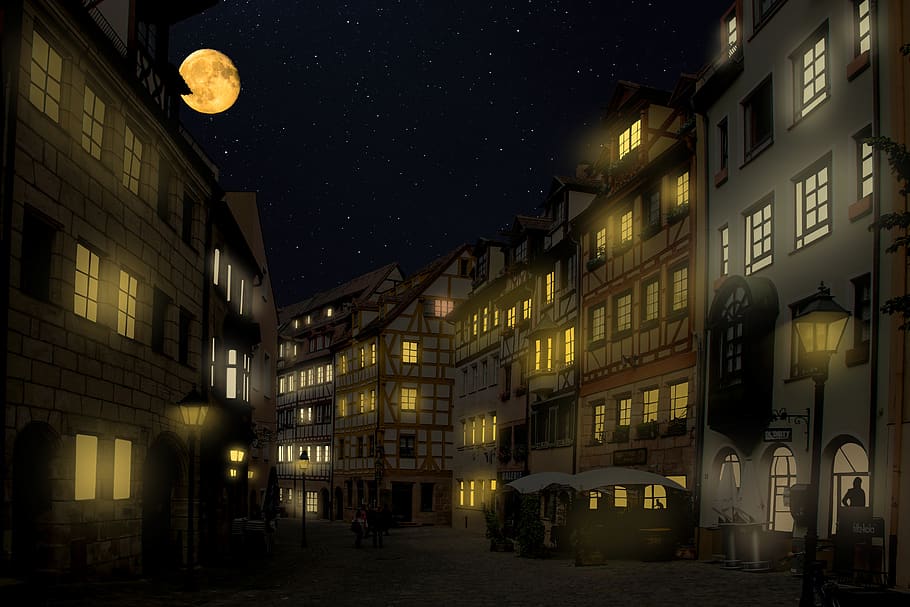background, travel, nuremberg, architecture, night, moon, full moon, light, lighting, image editing