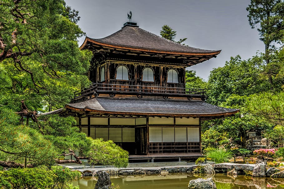 brown, white, pagoda temple, trees, ginkaku-ji, temple, kyoto, japan, asia, garden