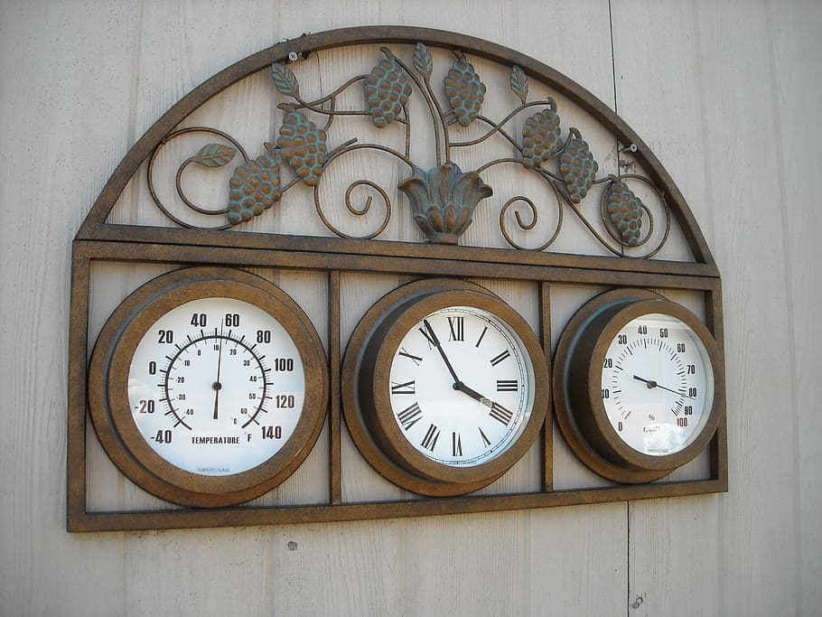 copper, temperature, clock, humidity, thermometer, hygrometer, roman numerals, grapes, patina, time