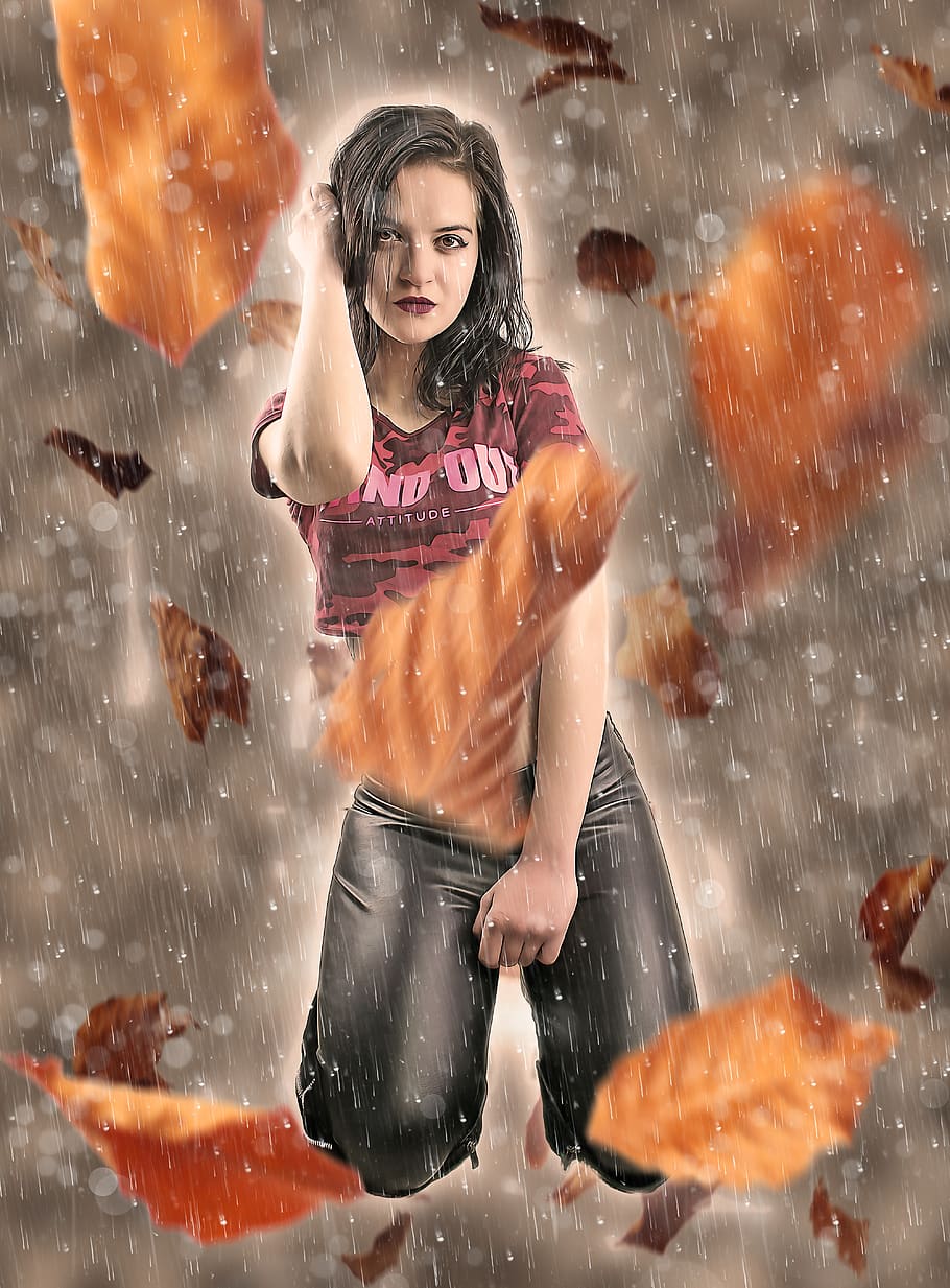 woman, leaves, autumn, rain, kneeling, expression, female, feminine, person, pose