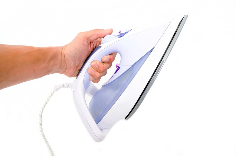 person, holding, white, steam iron, ironing, iron, close-up, isolated, clothing, electric