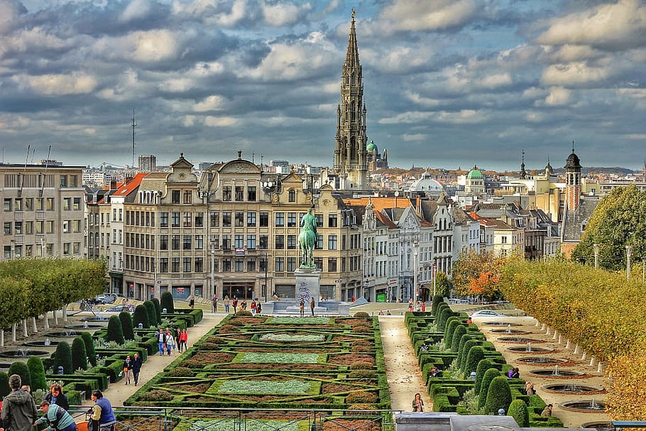 areal photo, garden, front, statue, areal, brussels, plaza, city, belgium, hdr