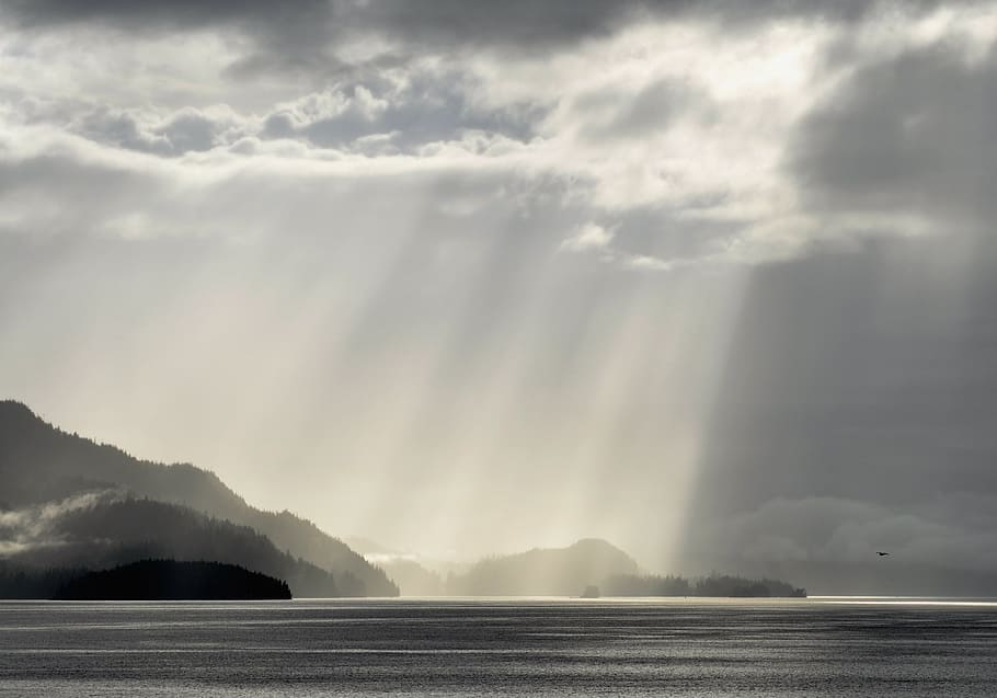 grey, scale photography, sun rays, cloud, fog, sky, landscape, mountain, light, natural