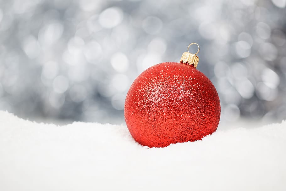 red, baubles, white, surface, christmas, snow, decoration, holiday, symbol, winter
