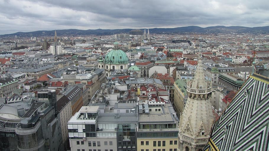 aerial, city buildings, st stephen's cathedral south tower, vienna, world heritage site, city view, landscape, panorama, roof, architecture