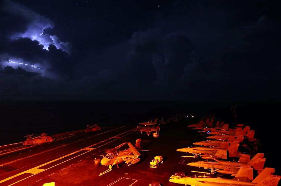 portaaviones, armada, cubierta, tormenta, militar, luces, estados unidos, naval, mar, barco