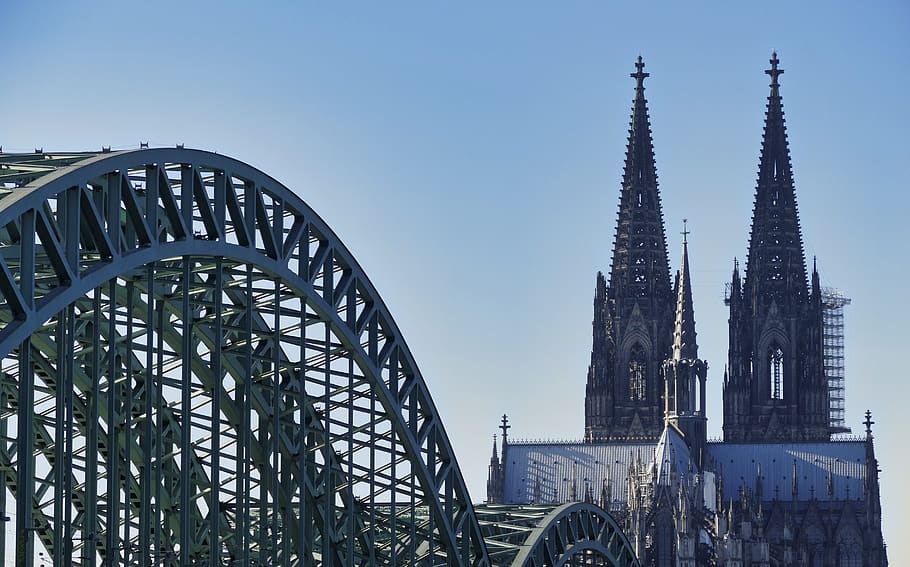 architecture, sky, travel, bridge, dom, cathedral, cologne cathedral, hohenzollern bridge, places of interest, transport system