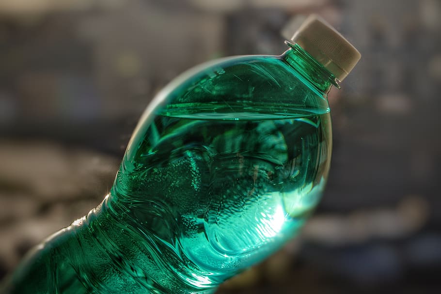 plastic bottle, water, sparkling water, mineral water, clear, close-up, green color, focus on foreground, bottle, glass - material