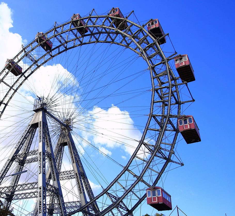 ferris wheel, fair, prater, amusement park ride, amusement park, arts culture and entertainment, sky, low angle view, blue, nature