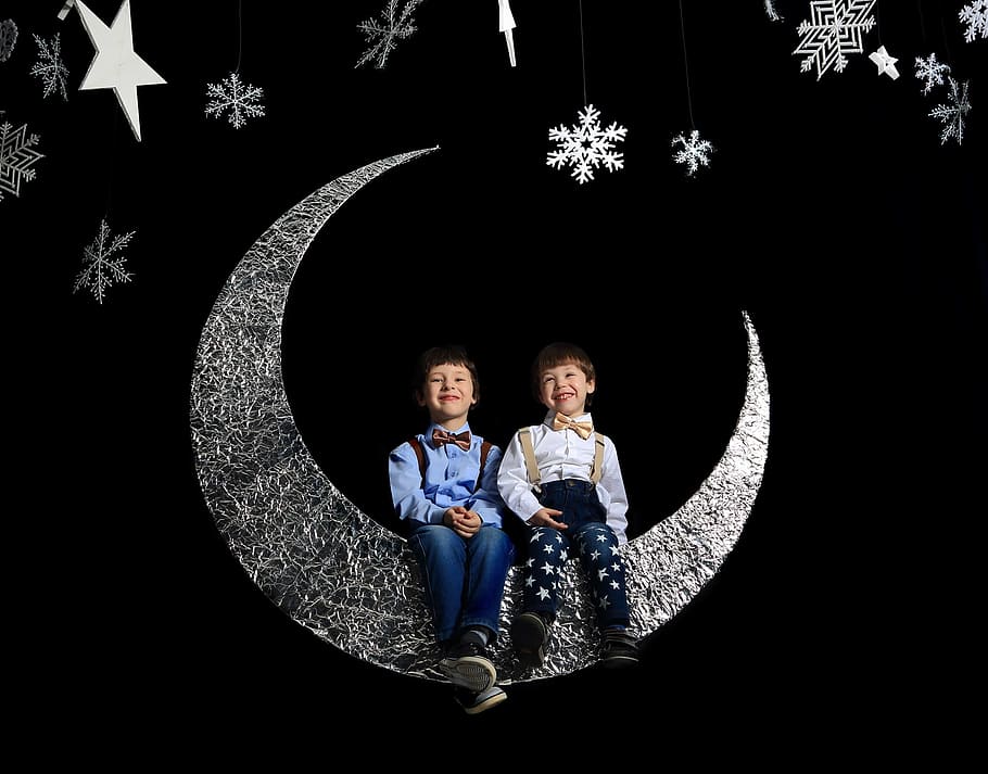 two, boys, sitting, silver moon, hanging, decor, black background, kids, two boys, star