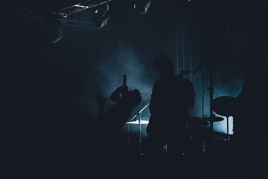 silhoutte, men, playing, musical, instruments, hostile, band, rock, guitar, show
