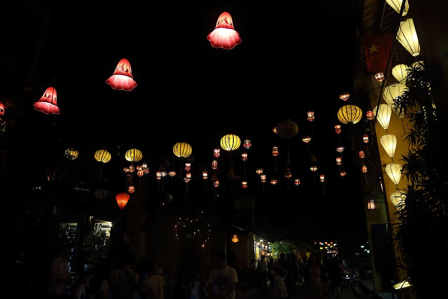 Vietnam, vida nocturna, hoi an, linterna, mercado, en la oscuridad, noche, equipo de iluminación, iluminado, festival tradicional